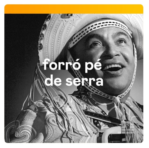 Forró pé de serra channel cover — black-and-white portrait of a forró sanfoneiro with characteristic embroidered hat, yellow strip at top