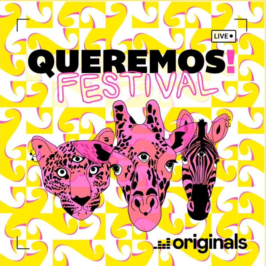 Queremos! Festival live broadcast cover — yellow background with pink animal heads (jaguar, giraffe, zebra), bold QUEREMOS! Festival typography, LIVE badge, Deezer Originals logo