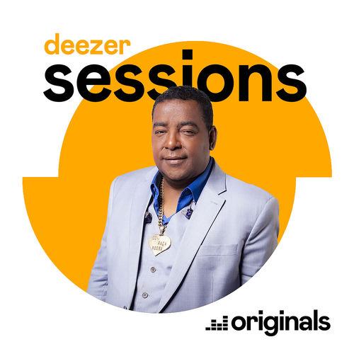 Deezer Sessions cover — Raça Negra · Luiz Carlos with gold chain on orange background