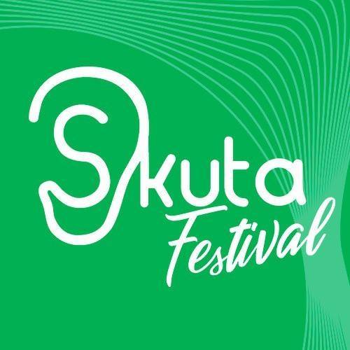 Skuta Festival logo — green background with stylised ear-shaped S forming the word Skuta and italic Festival