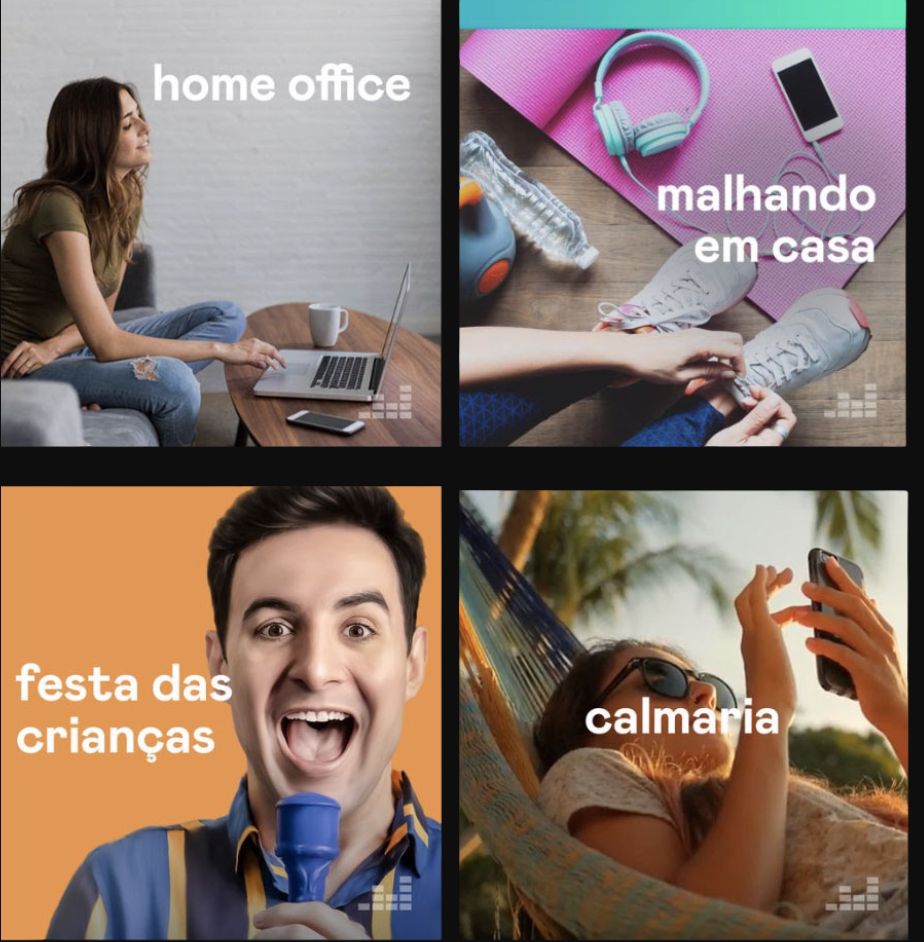 Vida em Casa channel — four playlist covers in a 2×2 grid: home office, malhando em casa, festa das crianças, calmaria